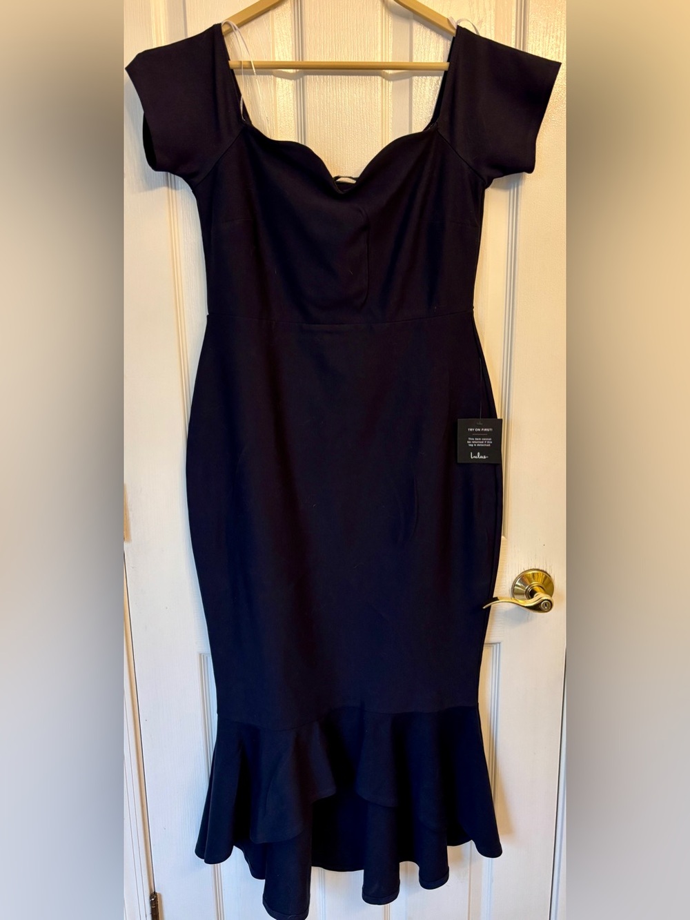 Lulu's Blue Off-Shoulder Fitted Midi Dress with Flounce Hem ~ Women’s XL ~ New